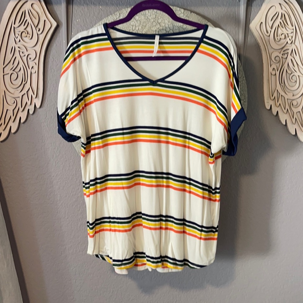 Retro Striped Short Sleeve Soft V Neck-NWOT